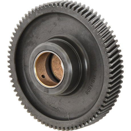 Close-up of the Sparex Idler Gear - S.59079, featuring 77 teeth around its circumference, a width of 20mm, and an outer diameter (OD) of 121.6mm. The gear has a dark, worn surface and a central hole for fitting onto a shaft.