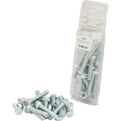 A pack of Sparex Metric Setscrews, M8x40mm (DIN 933, DIN 934), spilled out of a plastic container, revealing both bolts and nuts. The zinc-plated pieces glisten under the light, while the label on the container provides detailed product information, including the tensile strength of 8.8 and the Sparex Part No. S.5907.