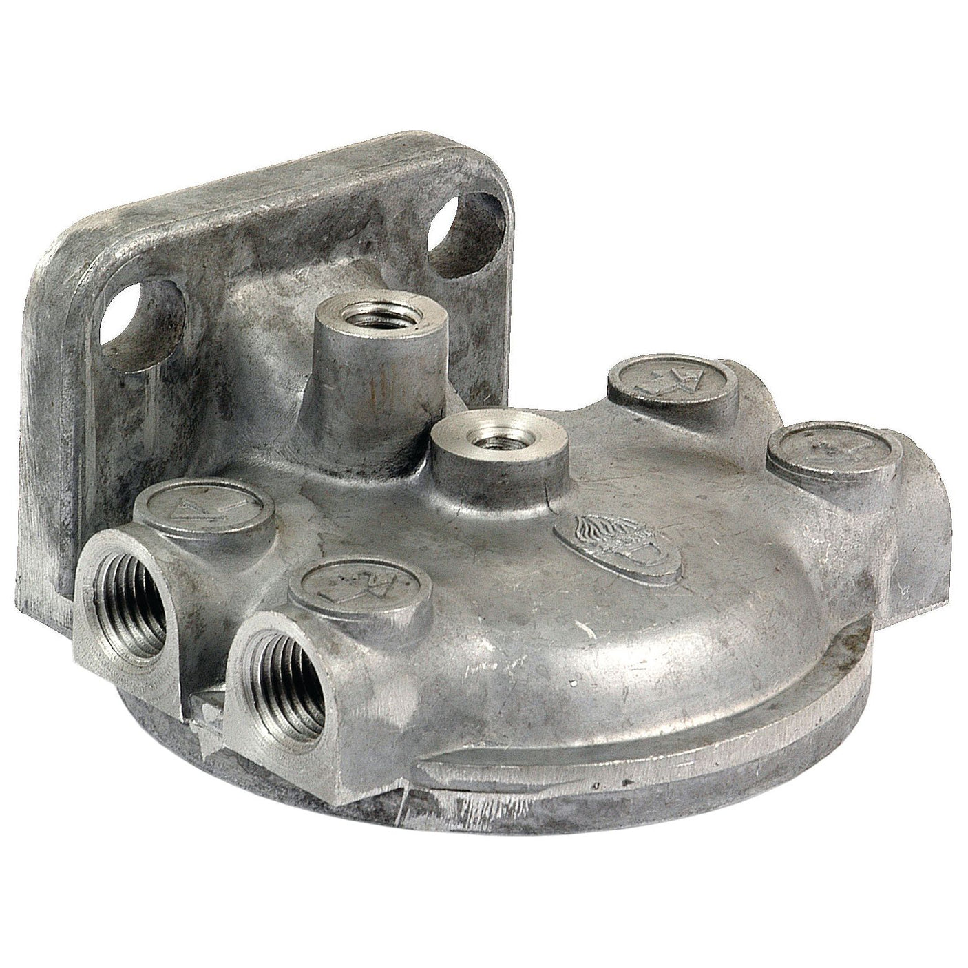 A metallic mechanical component with multiple threaded holes and a mounting bracket, ideal as the Sparex Filter Head, Part No. S.59081, for tractors.