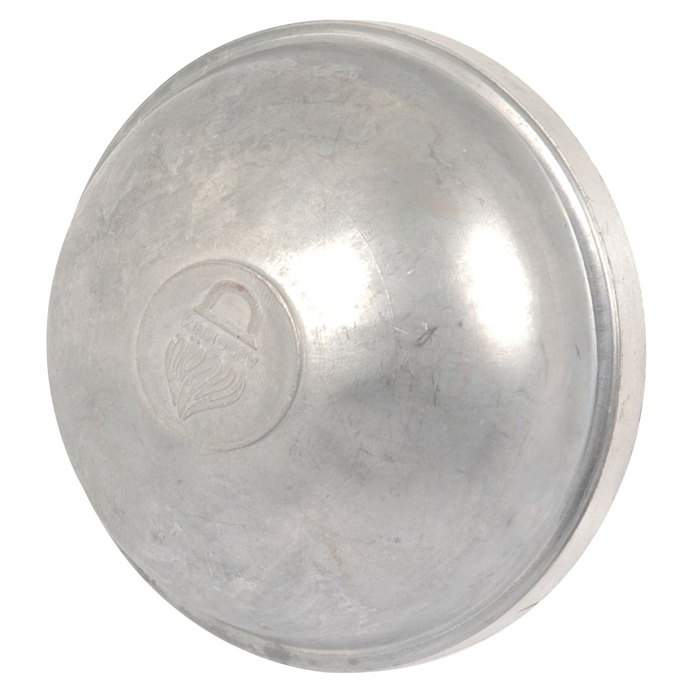 Close-up of a round metallic hubcap resembling the classic design seen on the White Oliver 1255, featuring an embossed logo on the surface, identified as the Fuel Bowl Filter Cover | Sparex Part No.S.59083 by Sparex.