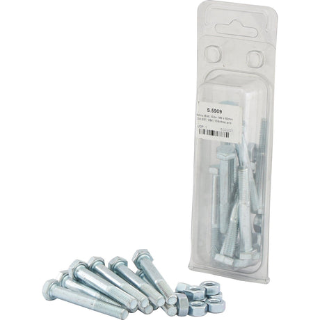 A package of Sparex Metric Bolts, M8x60mm (DIN 931, DIN 934) 10 pcs. Agripak with some zinc plated bolts and nuts arranged in front of it.