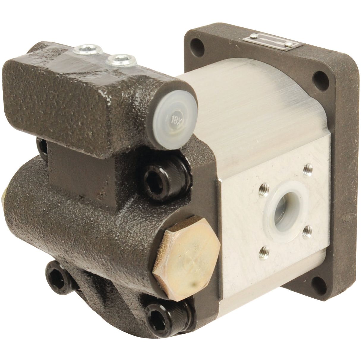 Close-up view of the Sparex Single Hydraulic Pump - S.59104, featuring a metal casing and mounting brackets, designed for clockwise rotation.