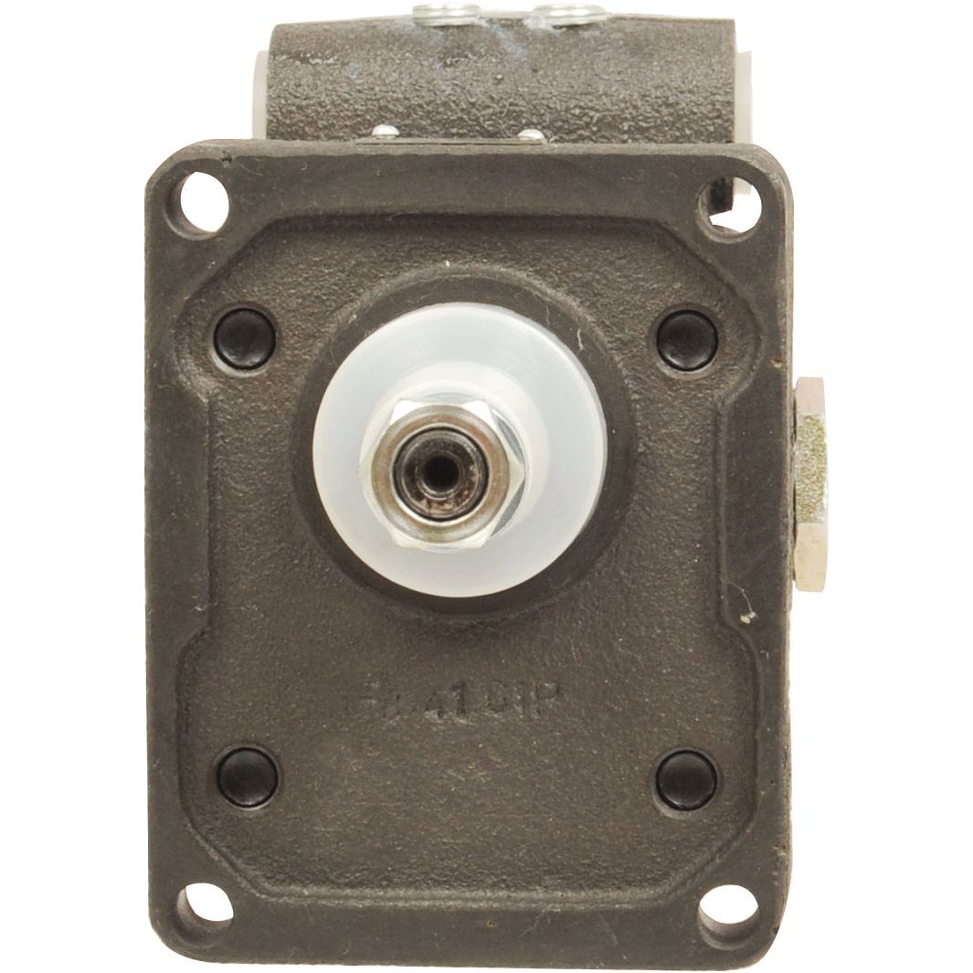 Close-up view of the Single Hydraulic Pump - S.59104 from Sparex, featuring a rectangular metal housing with a central protruding cylindrical shaft for clockwise rotation, surrounded by four mounting holes at the corners.