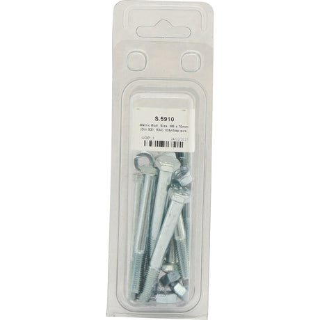 A package containing multiple zinc-plated bolts and nuts labeled "Sparex Metric Bolt, M8x70mm (DIN 931, DIN 934) 10 pcs, Agripak | Sparex Part No. S.5910.