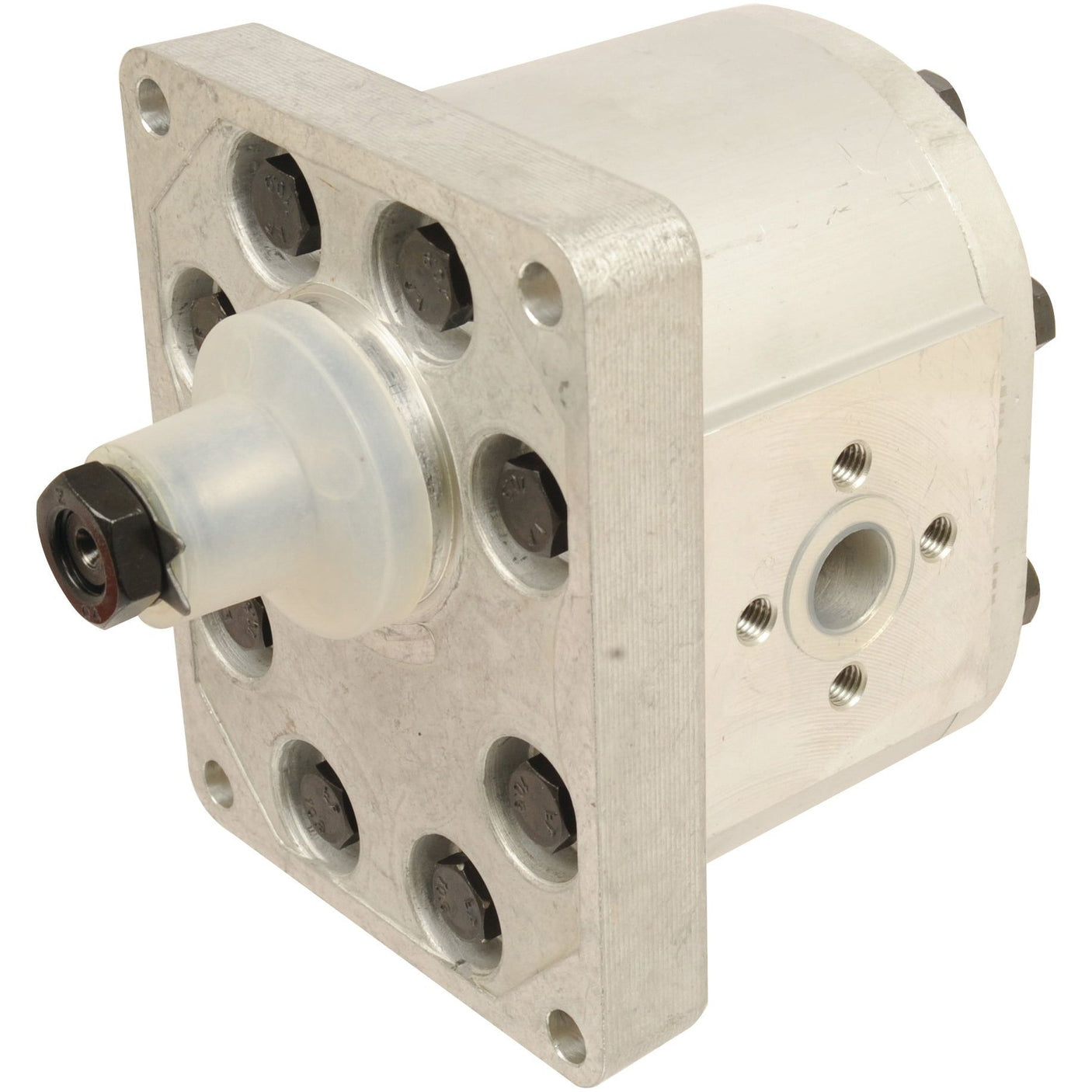 A close-up view of the Single Hydraulic Pump - S.59117 by Sparex, showcasing its cylindrical body and multiple bolt holes on the mounting flange.