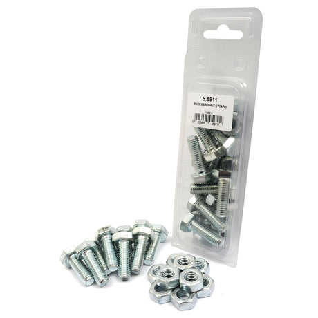 Several Sparex Metric Setscrews, M10x30mm (DIN 933, DIN 934) with a tensile strength of 8.8 and nuts are spread out in front of a clear plastic package containing more zinc-plated bolts and nuts, along with a white label.