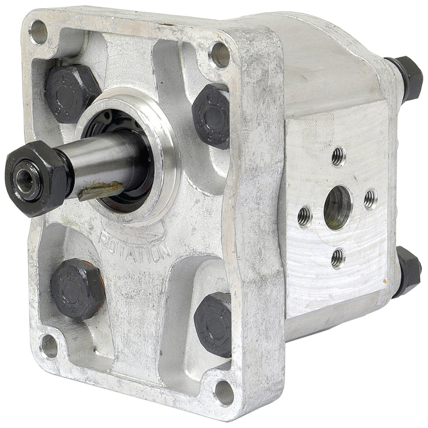 Close-up view of a Sparex Single Hydraulic Pump - S.59130 with visible bolts, front inlet hole, a rotating shaft, and structural components on a white background.