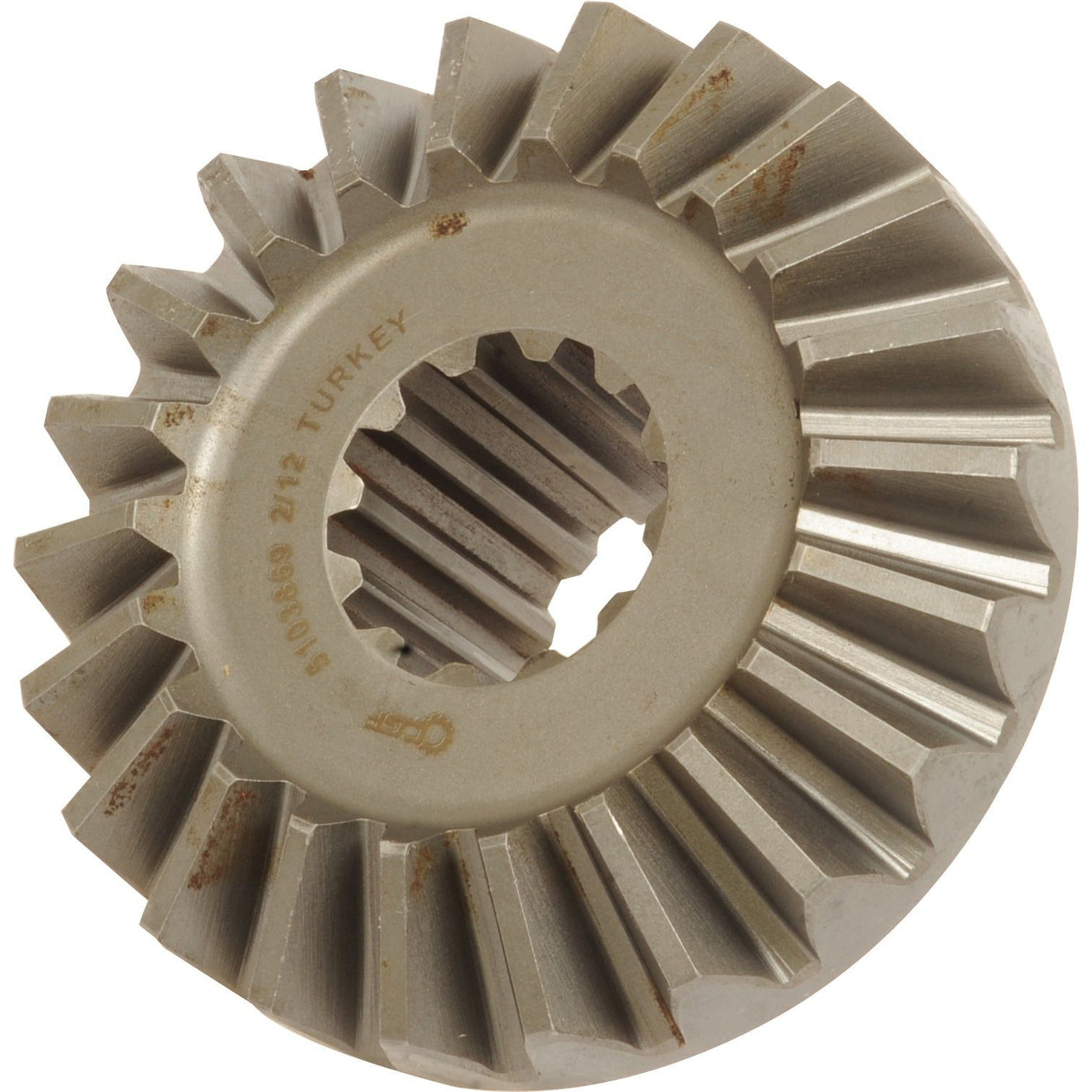 The Sparex Transmission Gear (Part No. S.59134) is a metallic bevel gear with visible teeth and an inner spline, marked with "TURKEY" on the flat surface, ideal for use in a tractor's differential system.