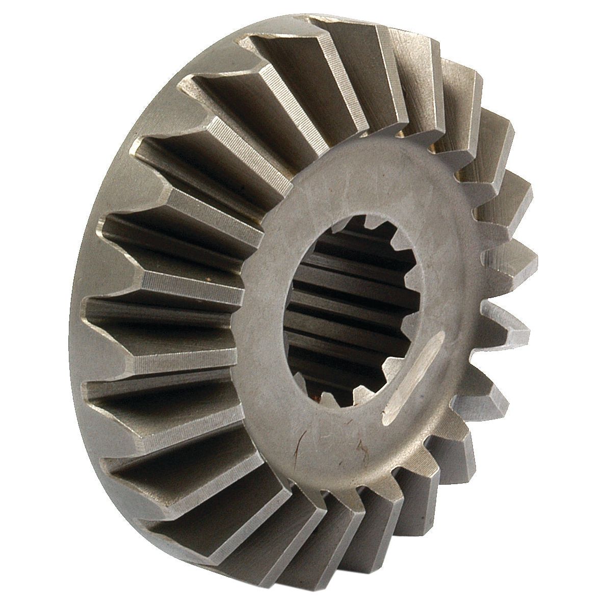 Close-up of the Transmission Gear, Sparex Part No. S.59134, featuring sharp, angled teeth and a central hole with a textured surface, essential for the differential in rotating machinery.