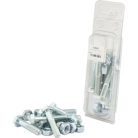 A collection of metallic bolts and nuts, some zinc plated for enhanced durability, sits beside a clear plastic package that includes additional Metric Bolts marked with a tensile strength of 8.8. The package contains ten M10x50mm bolts (DIN 931, DIN 934) under the name "Metric Bolt, M10x50mm" from Sparex, identified by Part No.S.5913 in an Agripak.
