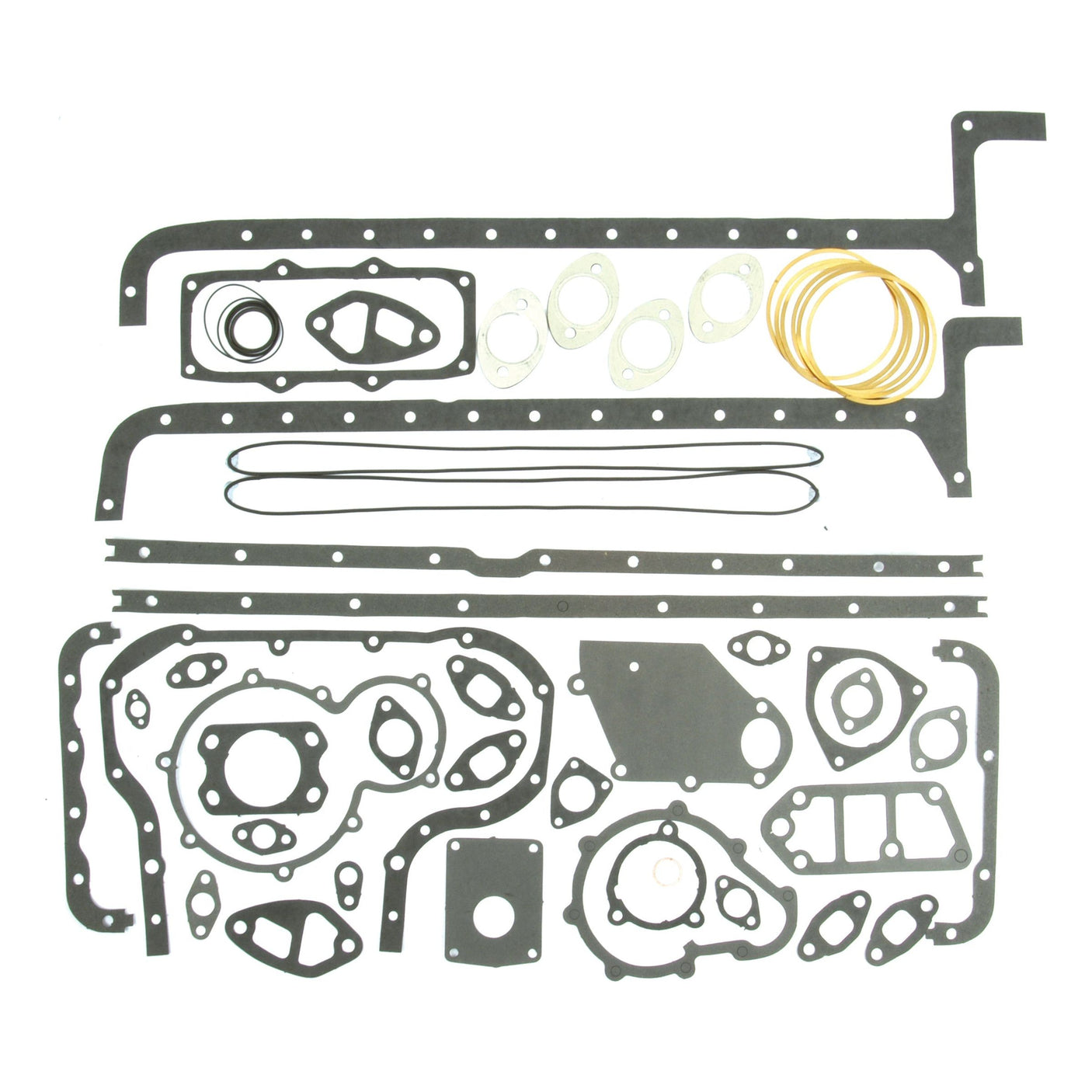 A complete automotive gasket set, branded as "Sparex," for a Fiat 1300 on display against a white background, featuring the Bottom Gasket Set - 6 Cyl. (OMCP3) with Sparex Part No.S.59148, includes various gaskets and seals of different shapes and sizes.