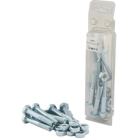 A plastic package containing multiple zinc-plated bolts and nuts, specifically Metric Bolt, M10x60mm (DIN 931, DIN 934) in a set of 10 pcs. branded Sparex (Sparex Part No.S.5914), with additional loose Metric Coarse bolts and nuts arranged in front.