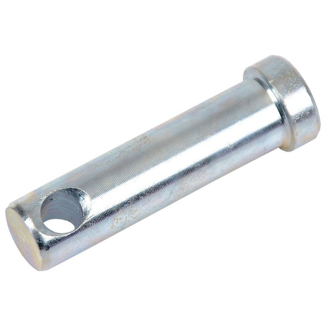 The Stabilizer Chain Pin by Sparex, also known as Sparex Part No. S.59156, is a cylindrical metal pin featuring a hole near one end and a flanged head at the other. Often referred to as a clevis pin, this component is indispensable in many industrial settings and commonly used in machinery and mechanical assemblies.