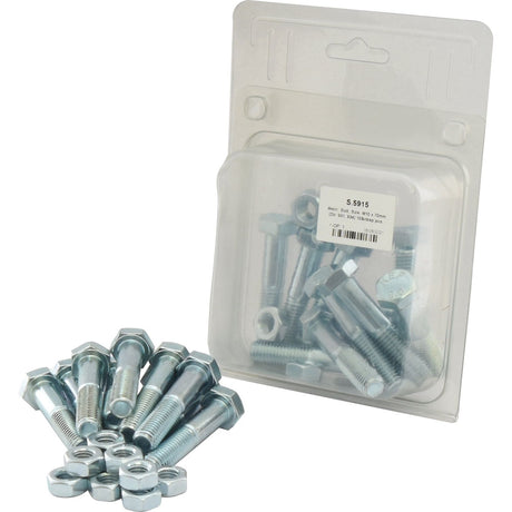 A pack of Sparex Metric Bolts, M10x70mm (DIN 931, DIN 934), containing 10 pieces is displayed, with some bolts and nuts arranged in front of the transparent packaging. The label on the packaging shows specifications, including metric bolts and a tensile strength of 8.8.