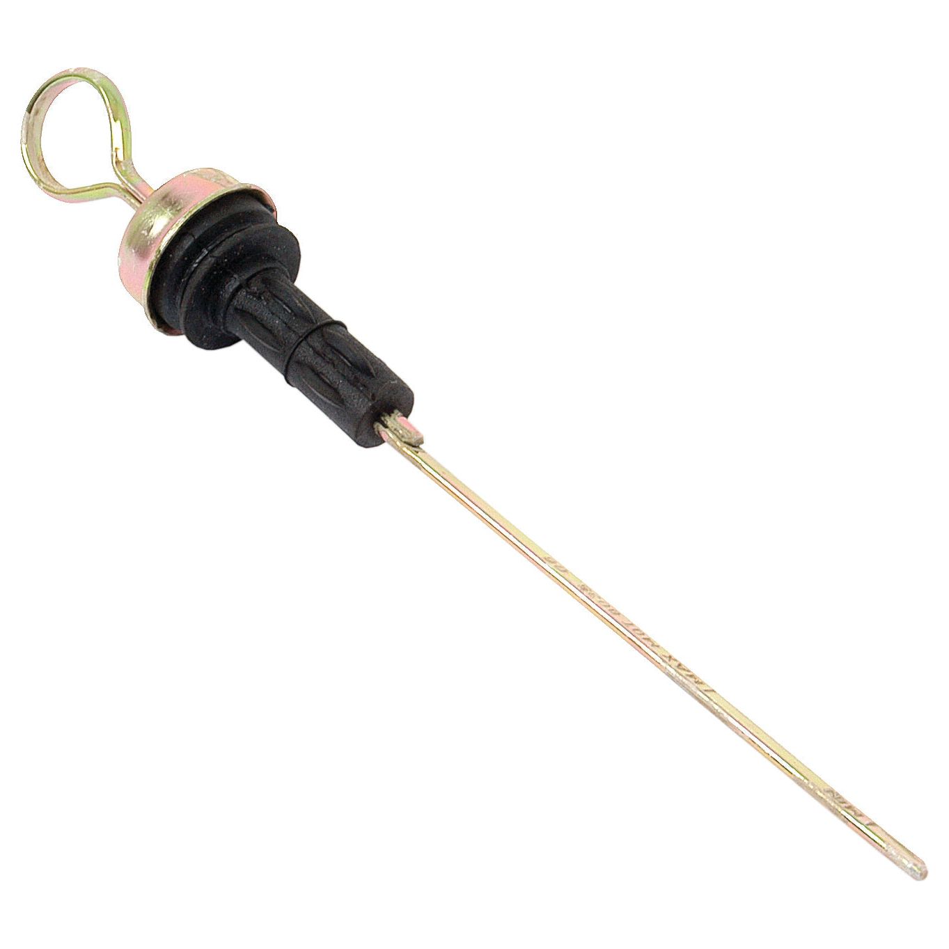 A close-up of the Dipstick | Sparex Part No. S.59165, used for measuring engine oil in a 3-cylinder engine. It features a metal rod with an attached handle for easy removal and is made by the brand Sparex.