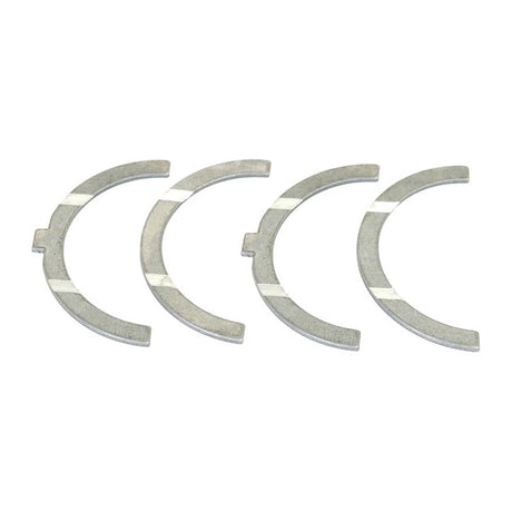 Four semi-circular metal thrust washers from the Thrust Bearings Set (Sparex Part No. S.59167) by Sparex, arranged in a line on a white background, compatible with White Oliver 1250 or Fiat 411R.