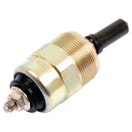 Close-up of a metallic cylindrical automotive sensor with a threaded body and a black plastic cap at the top end, suitable for use in Sparex Perkins Engine applications. This component is the Fuel Shut Off Solenoid under Sparex Part No. S.59168.