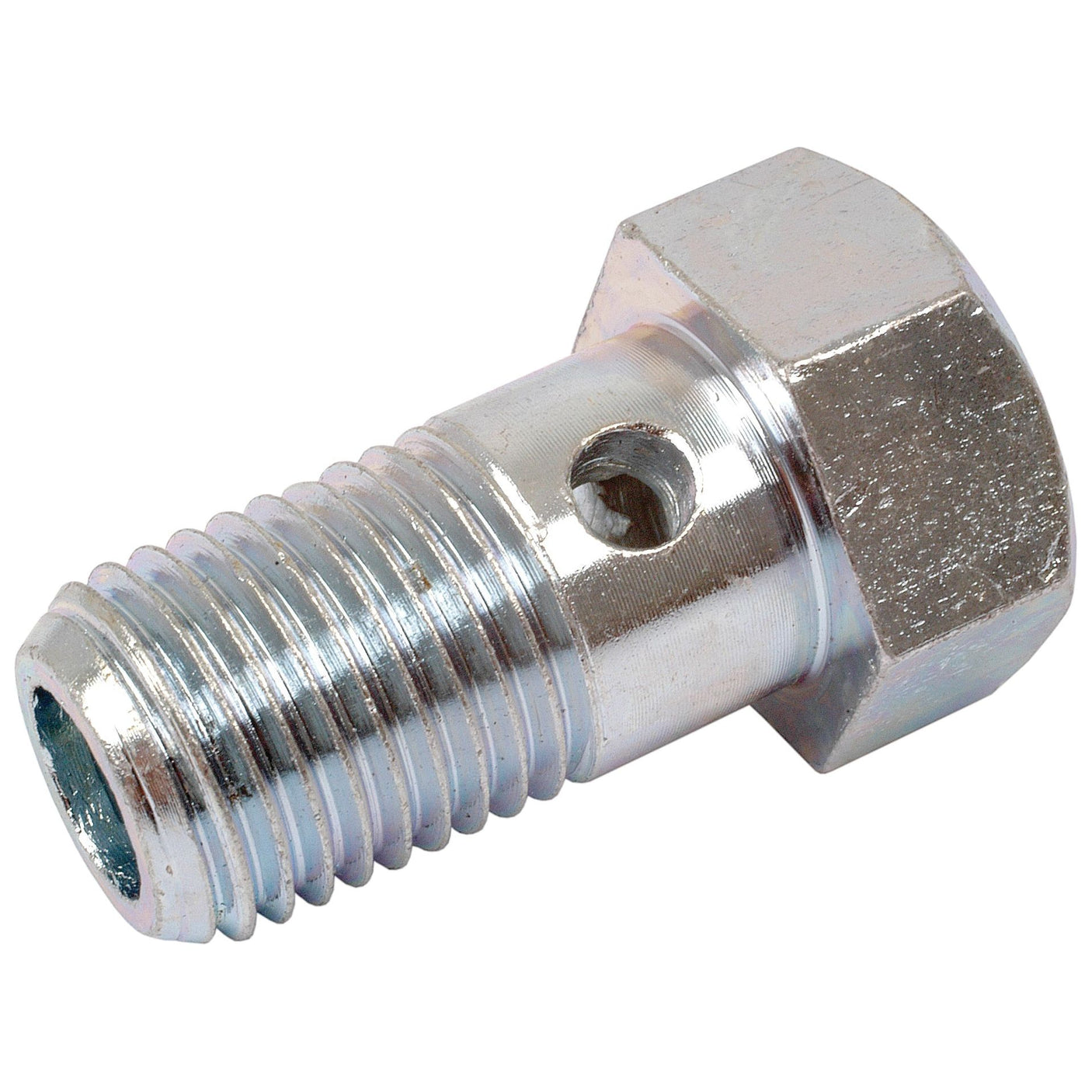 A Banjo Bolt M14 from Sparex (Sparex Part No.S.59169) zinc-plated metallic hex bolt with a single hole through its shaft.