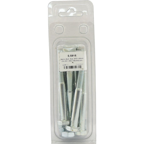 A plastic package containing ten zinc-plated hex head bolts. The label on the package reads, "Metric 8.8, Size M10 x 80mm (Pack: 10)" and displays a barcode. This product is named "Metric Bolt, M10x80mm (DIN 931, DIN 934) 10 pcs. Agripak" from the brand Sparex with part number S.5916.