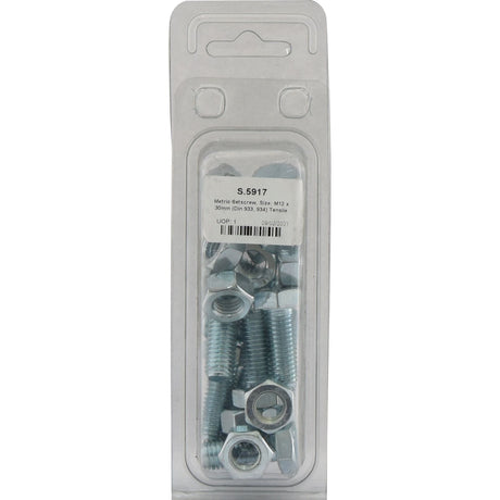 A clear plastic package containing several silver metric hex screws and nuts, labeled with details including "Sparex Metric Setscrew, M12x30mm (DIN 933, DIN 934) Tensile strength: 8.8" and Sparex Part No. S.5917.