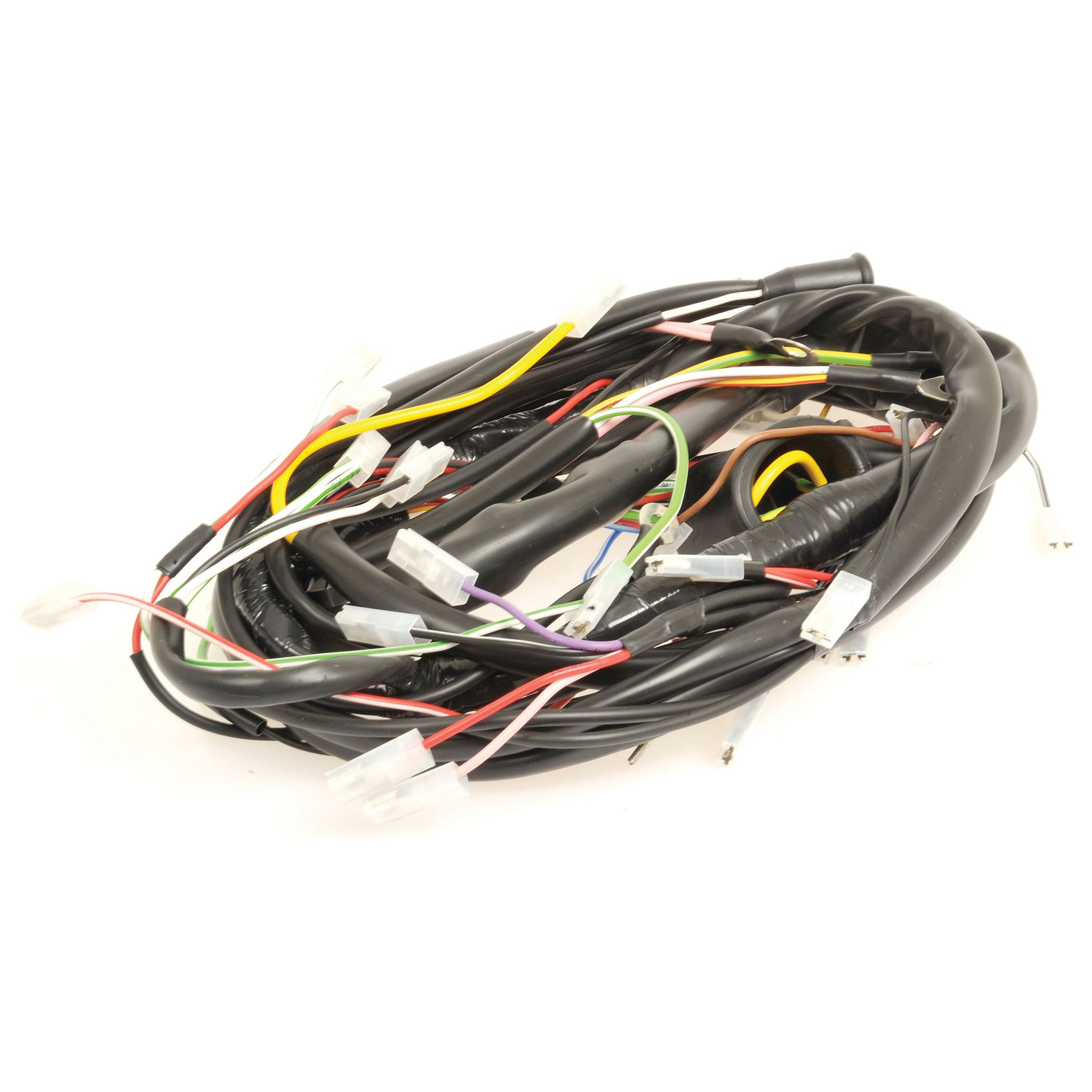 A tangled bundle of black, red, yellow, and white electrical wires with various connectors on a plain white background, resembling the Sparex Wiring Harness (Part No. S.59182), suitable for Allis Chalmers or Fiat vehicles.