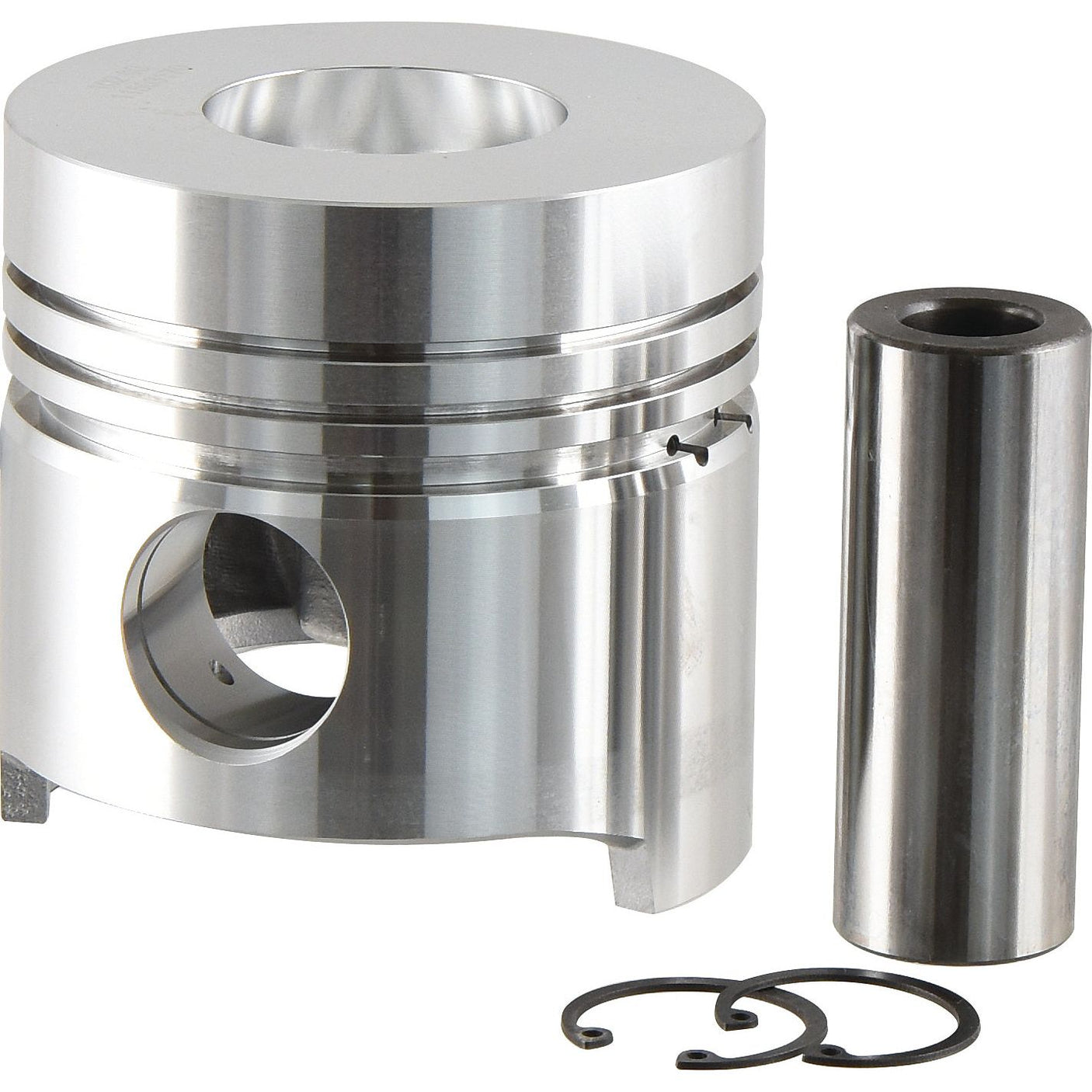 A Sparex Piston (Standard) - S.59186 in silver, featuring a defined compression height, along with an included pin and two retaining clips, displayed on a plain background.