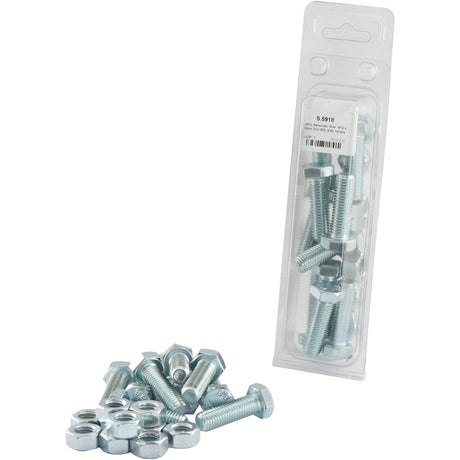 A package of Sparex Metric Setscrews, M12x40mm (DIN 933, DIN 934) with 8.8 tensile strength is shown, labeled with Sparex Part No.S.5918, with several screws and nuts scattered in front of the package.