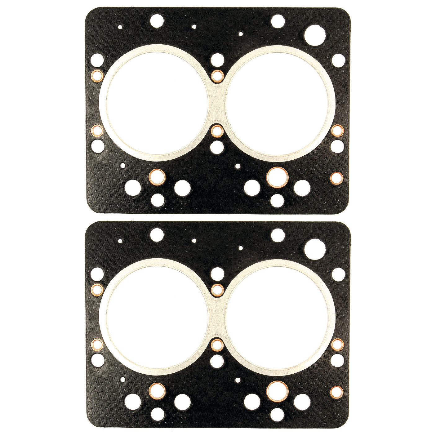 Two Sparex Head Gaskets - 4 Cyl. (2+2) | Part No. S.59190, each featuring multiple holes and circular cutouts, designed for placement on a 4-cylinder engine block.

