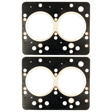 Two Sparex Head Gaskets - 4 Cyl. (2+2) | Part No. S.59190, each featuring multiple holes and circular cutouts, designed for placement on a 4-cylinder engine block.

