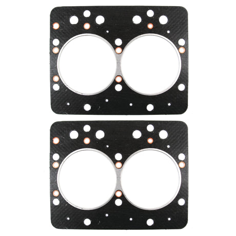 Image of Sparex Head Gasket - 4 Cyl. (2+2) (640), Part No. S.59191, featuring two identical black gaskets with multiple holes and two large circular openings, designed for Universal Tractors with Bore Ø 102 mm. The set of 2 pieces is placed one above the other on a white background.