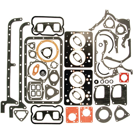 The Sparex Complete Gasket Set for 4-cylinder Universal Tractors and Long Tractor (Sparex Part No. S.59193) includes a variety of red and black engine gaskets, displayed against a white background in various shapes and sizes.