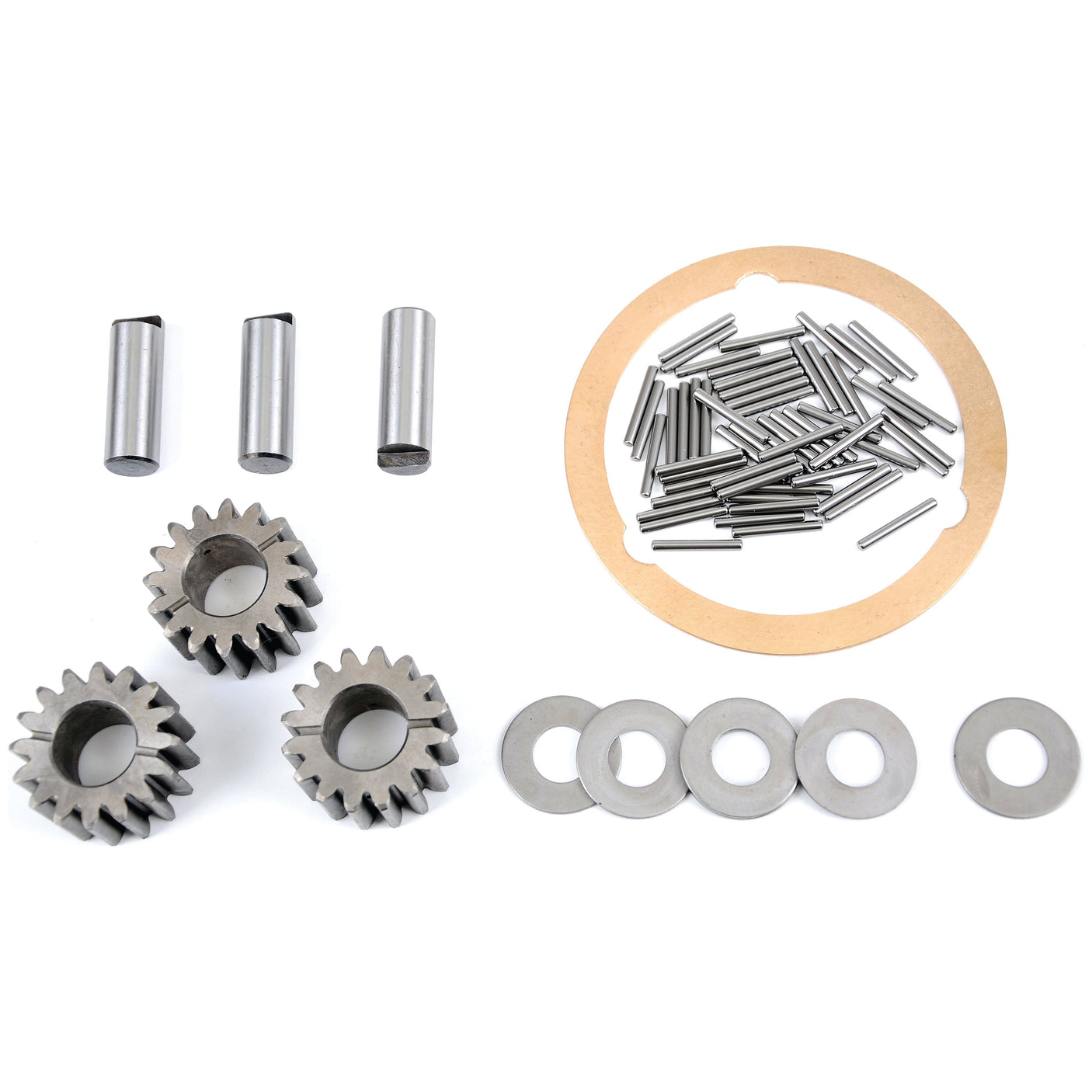 An assortment of mechanical components from the Sparex Reduction Carrier Gear Kit (Part No.S.59195) includes three cylindrical pins, three gears, a circular gasket, multiple small rods, and six washers meticulously arranged on a white background.