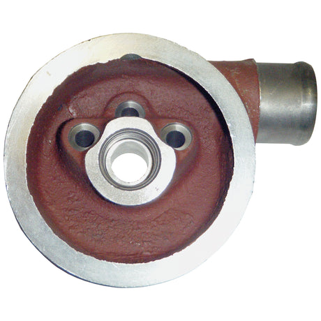 The Hydraulic Filter Head, Sparex Part No. S.59196, is a circular metal component featuring a central hole and additional smaller holes. Its outer edge is silver, and the inner section is red. This part, commonly used in hydraulic systems, exemplifies Sparex's commitment to quality through its precise design and durable construction.