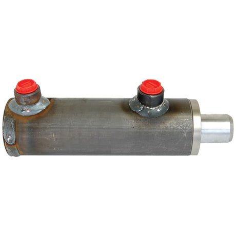 A Hydraulic Double Acting Cylinder Without Ends, branded by Sparex (Sparex Part No. S.59216), featuring two red-capped valves on the top surface and a 150mm stroke, is characterized by its cylindrical metal construction with a silver end.