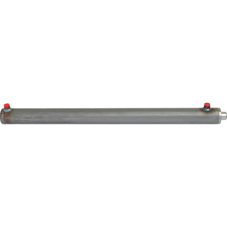 The Sparex Hydraulic Double Acting Cylinder Without Ends, 35 x 60 x 800mm (Sparex Part No. S.59239) is a long cylindrical metal pipe with a cylinder bore of 60mm and a cylinder stroke of 800mm, featuring two red-capped openings on each end.