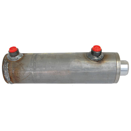 The Sparex Hydraulic Double Acting Cylinder Without Ends, 40 x 70 x 150mm (Sparex Part No. S.59242), features a cylindrical metal component with two red-capped openings and one metallic end. The surface exhibits signs of wear and discoloration in certain areas.