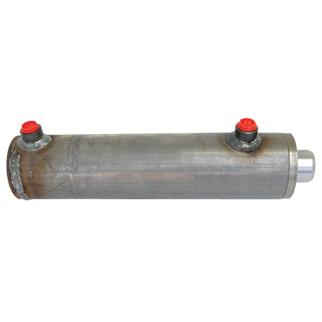 Horizontal metal cylinder with two red-capped valves and a smaller metal pipe protruding from one end. Rusty spots visible near one valve, notably on the Sparex Hydraulic Double Acting Cylinder Without Ends (40 x 70 x 200mm), Part No. S.59243.