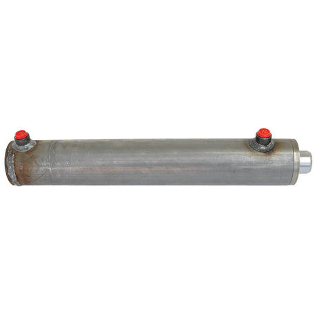 The Sparex Hydraulic Double Acting Cylinder Without Ends (Part No. S.59246) boasts a metal body with a cylinder stroke of 350mm, featuring two red-capped ports on the left side and a silver cap on the right end, making it an ideal choice for hydraulic systems.