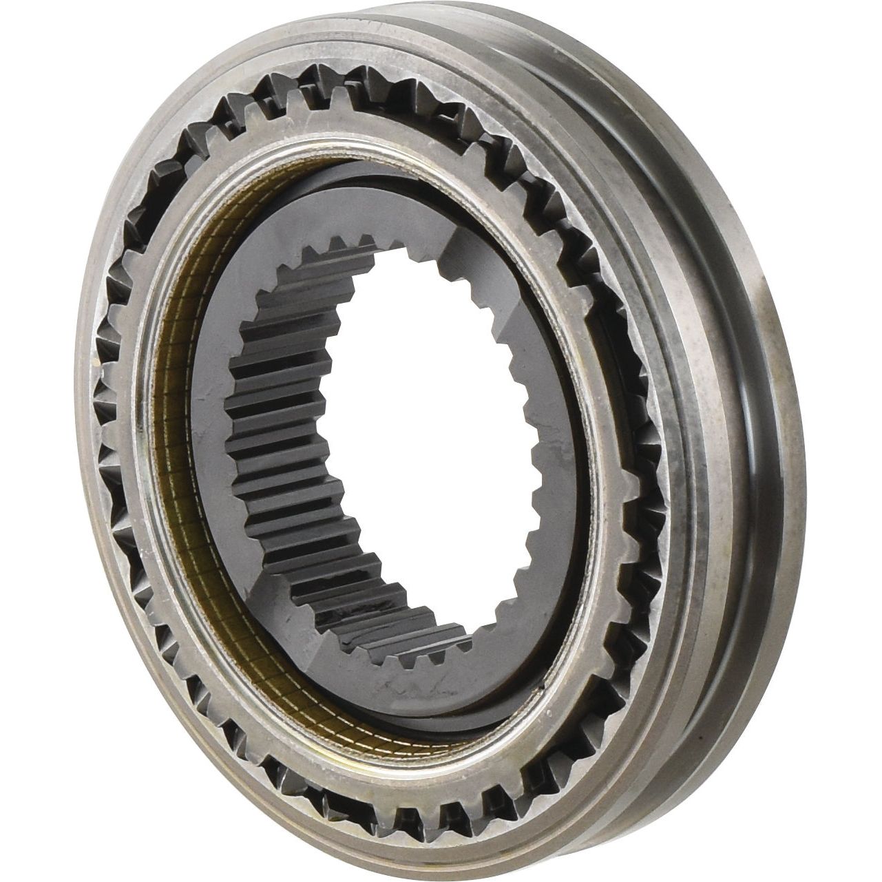 The Synchro Assembly (Sparex Part No. S.59303) is a metal mechanical gear with interlocking teeth, typically used in machinery for torque transfer and motion control, and is commonly found in Ford/New Holland engines.