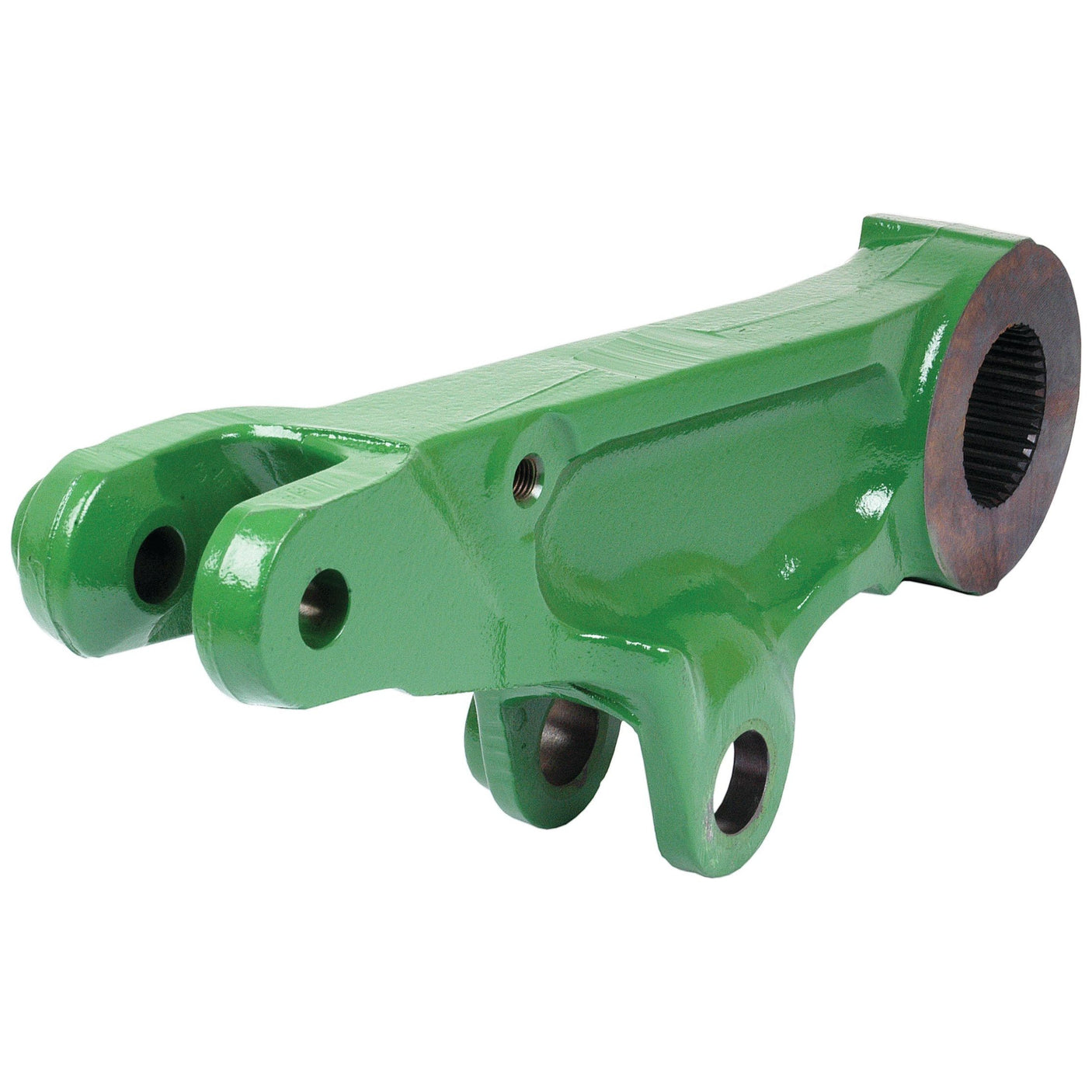 A green metal hydraulic lift arm with multiple holes, likely a component of a larger machine or engine system, potentially compatible with John Deere equipment. This part is known as Sparex Part No. S.59323 by the brand Sparex.