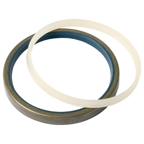 Two overlapping circular mechanical seals: a Sparex Lift Shaft Seal (Sparex Part No. S.59328) with a blue interior and a white one made of a different material, commonly found in John Deere equipment.