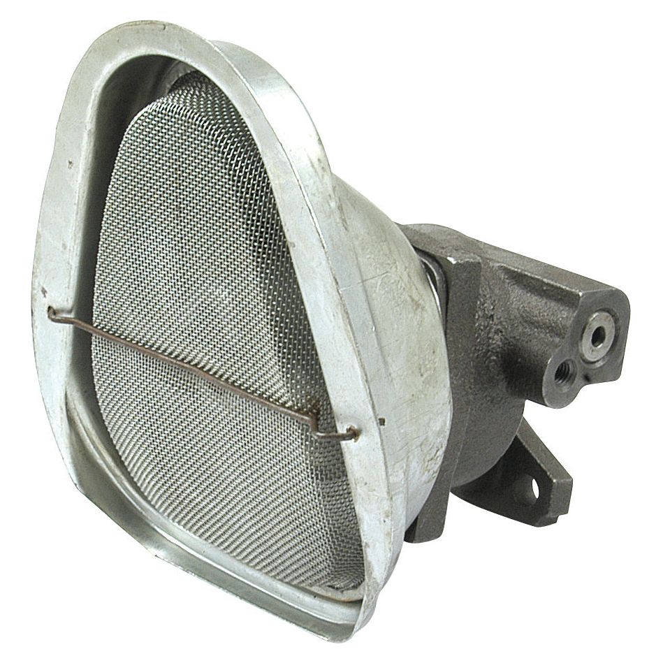 Metal vehicle air intake filter with a mesh screen and mounting bracket, perfect for Ford New Holland or other models. Pair it with the Sparex Engine Oil Pump (Part No. S.5937) for optimal performance.