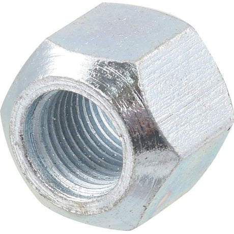 A close-up image of a shiny metal hexagonal cone wheel nut with visible threading inside, showcasing the precision of Sparex's Cone Wheel Nut, 1/2'' UNF (Part No. S.5938) design.