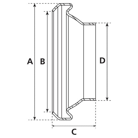 Technical drawing of a cross-sectional view of the Sparex Weld on Coupling - Female - 4'' (108mm) (Non Galvanised) - S.59400, labeled with dimensions A, B, C, and D and featuring a gasket ring for sealing.