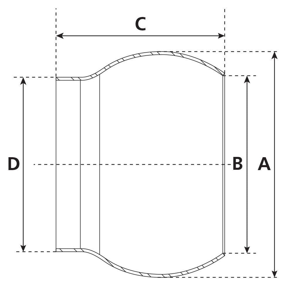 A technical diagram of a Sparex Weld on Ball - Male - 6'' (159mm) (Non Galvanized) - S.59405 pipe with labeled dimensions: A for height, B for width, C for length, and D for the outer diameter of the narrower end.