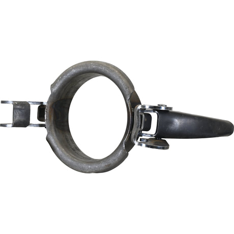 Top view of the Sparex Clamp Ring - 6'' (159mm) (Non Galvanised) - S.59408, featuring a hinged and adjustable locking mechanism with a secure locking pin.