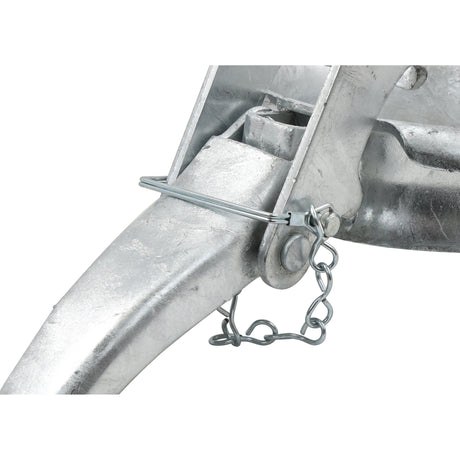 Close-up of a Sparex Clamp Ring - 4'' (108mm) (Galvanised) - S.59409, featuring a metal latch secured with a locking pin and chain, connected to a piece of angled metal.