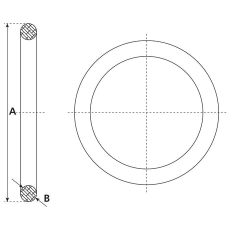 Technical drawing showing a cylindrical object with dimensions labeled A and B, and a cross-sectional view indicating the diameter and thickness of the cylinder, designed as a Sparex Gasket Ring 4'' (136mm) (Rubber) - S.59412.