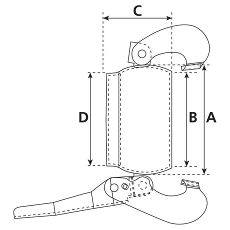 Technical drawing of the Sparex Blanking Plug - Male - 4'' (108mm) (Galvanised) - S.59415 with labeled dimensions: C (width), D (total height), B (lower part height), and A (upper part height). The device includes a lever, a hooked component, and features a locking pin.