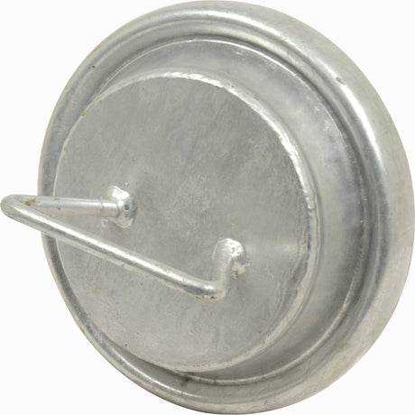 The Sparex Blanking Plug - Female - 4'' (108mm) (Galvanised) - S.59418 is a round metal cap with a handle on the front, resembling a small lid or cover, and features a Bauer Fitting for secure attachment.